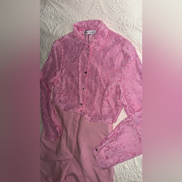 Zara Tops - Zara Pink Lace Button-Up Blouse and Pants